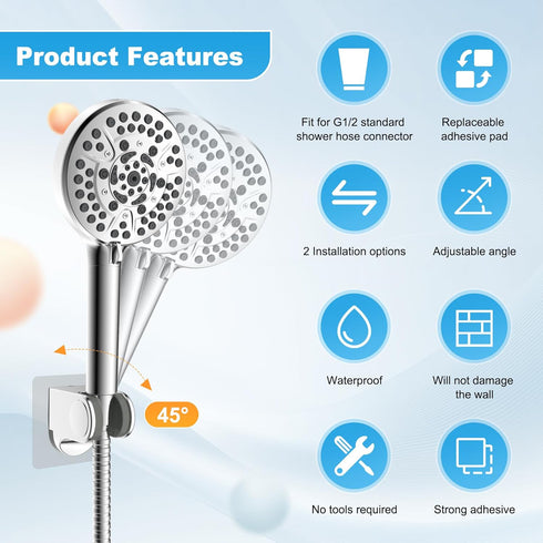 2 Pack Hibbent Shower Head Holder - Strong Adhesive, Waterproof, Height Adjustable, Wall Mount, No Drilling, Chrome