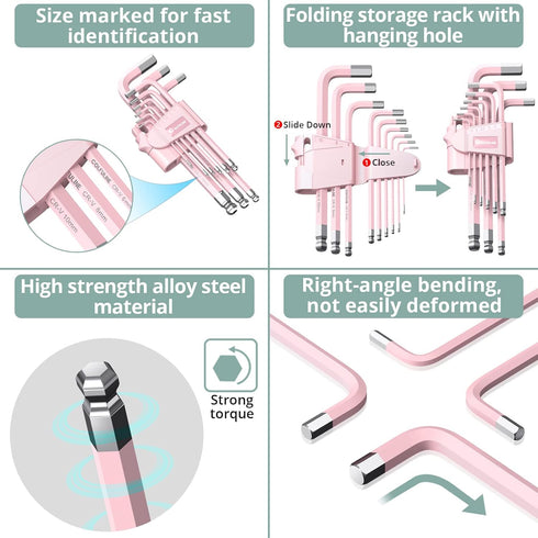 COLFULINE 9 PCS PINK Allen Key Set, Long Ball End Hex Key Set, Cr-V Wrench Set for Women, Size 1.5-10mm
