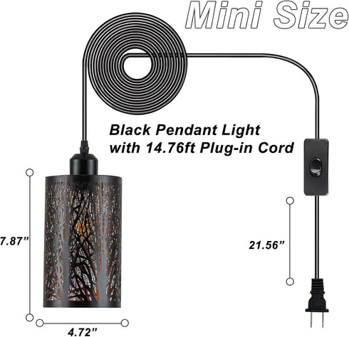 Industrial Black Plug in Pendant Light Vintage Mini Black Gold Hanging Lighting Rustic Hollow-Carved Cylinder Plug