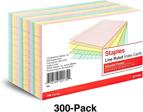 STAPLES 3 5 300/Pack Ruled X Index Cards, Assorted Pastel