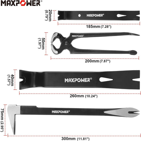 4-Pieces Set, 12-inch 8-inch 10-inch 7-inch MAXPOWER Pry Bar Utility Claw Pry Bar, Nail Puller, and Flat Pry Bar