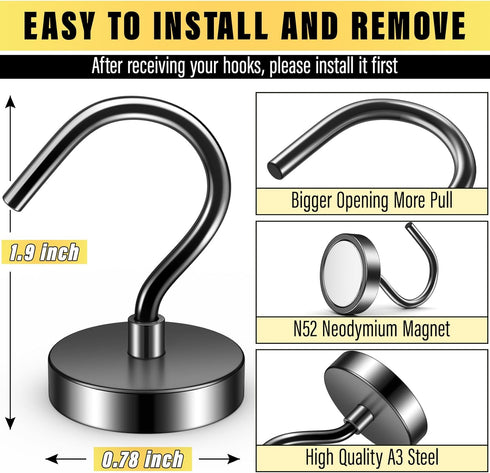 6 Pack Black Metal Magnetic Hooks 40lb+ Heavy Duty Strong Magnets for Cruise Ship Walls, Hanging, Tool, Kitchen