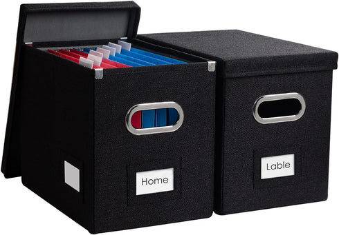 PRANDOM File Organizer Box - Set of 2 Collapsible Decorative Linen Filing Storage with Lids (Black)
