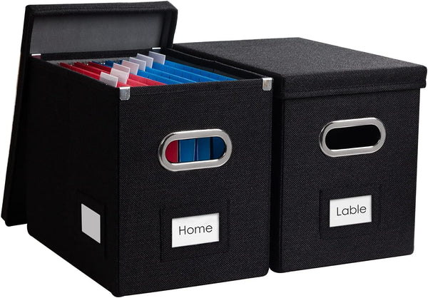 PRANDOM File Organizer Box - Set of 2 Collapsible Decorative Linen Filing Storage with Lids (Black)