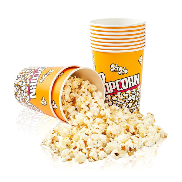 RAYMEA Disposable Popcorn Buckets 32oz Retro Style Paper Leak Proof Containers - 10 Pack for Movie Night & Party