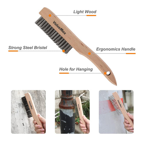 ValueMax Wire Brush Set, 8Pcs Stainless Steel/Brass/Nylon Bristles, Heavy Duty Scratch Brush with Beechwood Handle