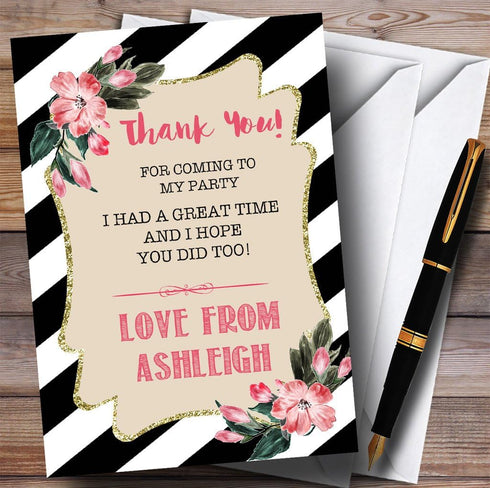 The Card Zoo Black & White Floral Any Age Girls Party Thank You Cards