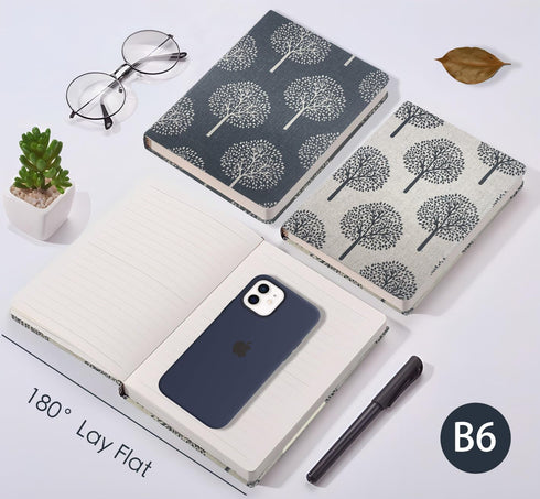 Linen Journal, Tree Printed Fabric Cloth Hardcover Notebook, B6, 264 Pages, 5x7 Small Ruled Notebook & Blank Sketchbook, Similar Embroidered Journal, Lay Flat Thick Notebook, Beige by ipoul