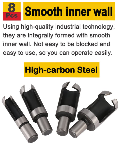Rocaris 8pcs Wood Plug Cutter Drill Bit Set, Straight and Tapered Cutting Tool, 6mm 10mm 13mm 16mm