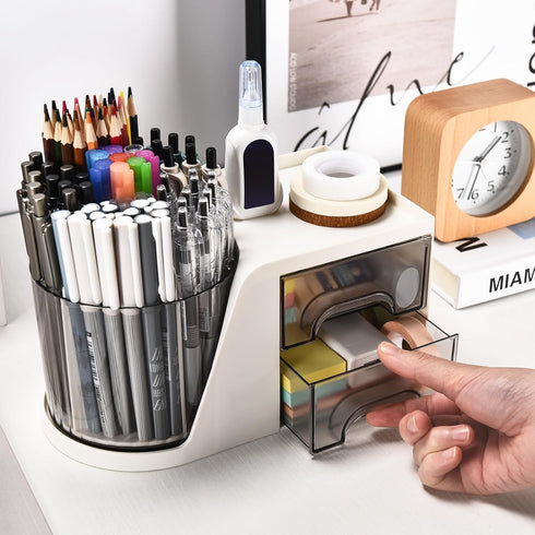 Rotating Desk Organizer with 2 Drawers, Pencil Pen Holder with 4 Compartments for Office, Home, White