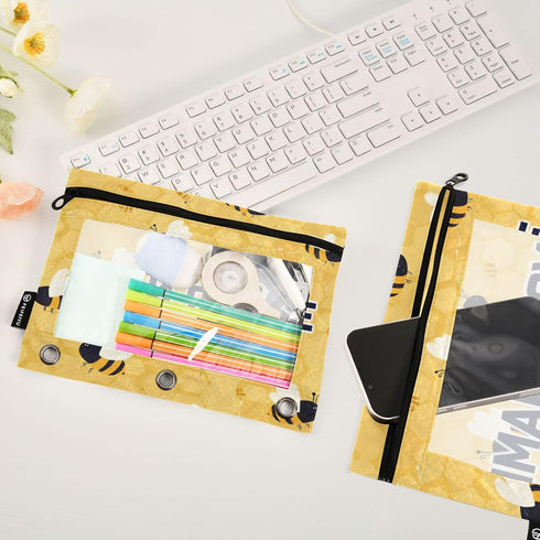 Gredecor 3 2 Pack Custom Binder Pencil Pouch Ring for School Office Yellow Bees Honey Honeycombs Personalized Zipper