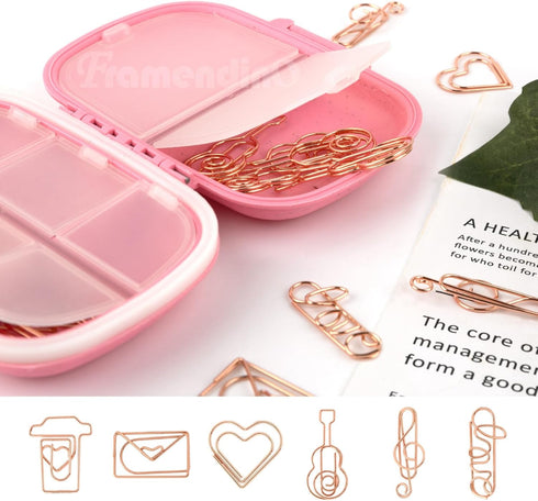 Framendino 30 Pack Rose Gold Cute Assorted Sizes Small Paper Clips, Index Card Binder Clip with Fun Storage Box