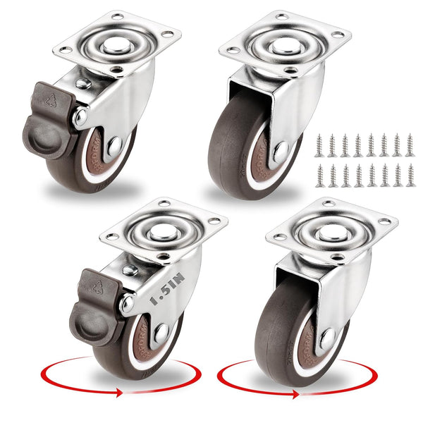 1.5 Inch Caster Wheels for Small Furniture, Heavy Duty Casters Set of 4 with Brakes