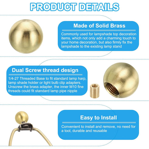 PATIKIL 17.5mm/0.69" 20mm/0.79" 4pcs Ball Lamp Finials Caps Knob, Solid Brass Lamp Shade Top Decoration Screw Cap Nuts