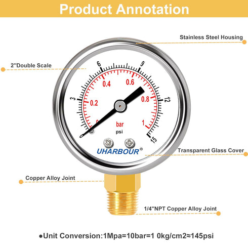 Lead-Free Water Pressure Gauge Liquid Filled 0-15Psi, 2" Dial, Stainless Steel Case, 1/4" NPT Lower Mount