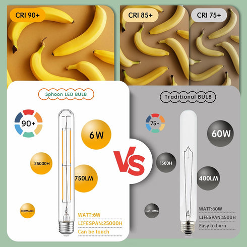 6W Dimmable T10 8.9inch Bulb E26 Bulb 60 225 Bulb AC120V 2700K 750LM 2Pack LED Light Equal watt Long Led Light Warm