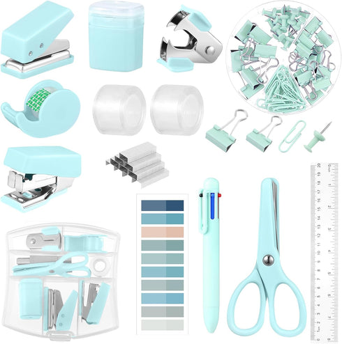 Mini Office Supplies, Turquoise Green School Supplies with Sticky Notes, Mini Stapler, Tape Dispenser, and More