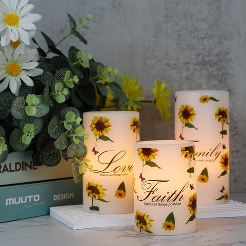 6H Set 3 Decor(3 4,5,6 Inches) Sunflower Flameless Flickering Candles with Timer, of Battery Operated White Real Wax
