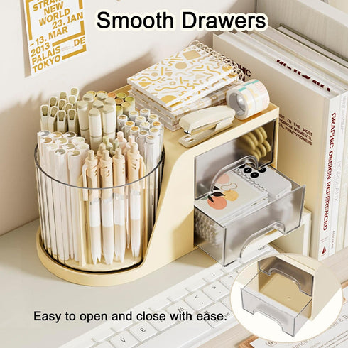 SAYEEC Rotating Desk Organizer with 2 Drawers, 6 Slots for Pencil Pen Holder and Makeup Storage