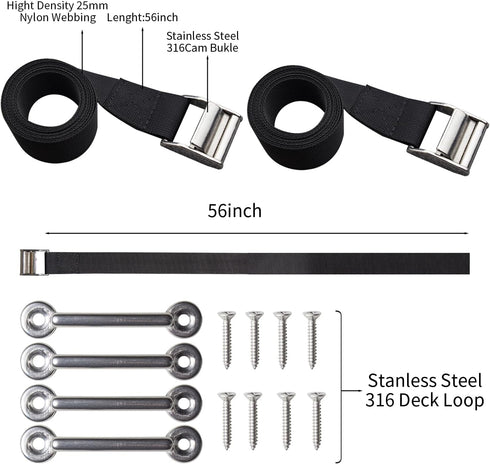 UCEDER 56" Battery Tie Down Strap Kit, Stainless Steel 316 Cam Buckle with Eye Strap Mounts, 2 Pack