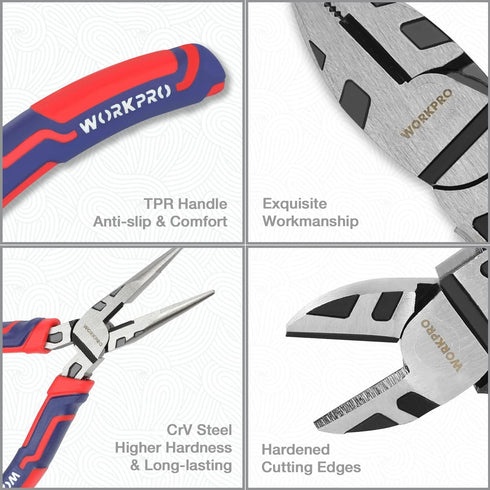 Set, 6 Inch 8 Inch 7 Inch WORKPRO Pliers Premium Cr-V Construction, Includes Slip Joint, Long Nose, Diagonal Cutting