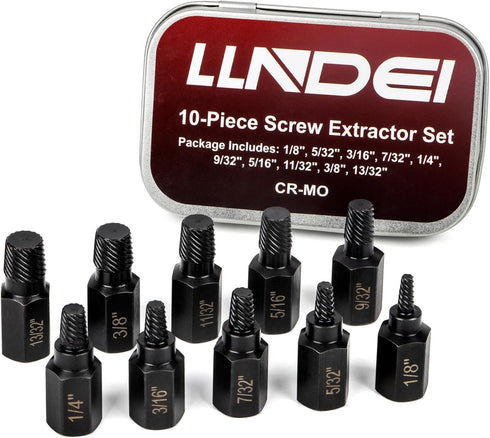 LLNDEI Screw Extractor Set, Hex Head Easy Out Bolt Extractor Set 10 Pieces, Multi-Spline Ez Out Stripped Extractor (1/8 -13/32 ) CR-MO, Stripped Fastener Tool