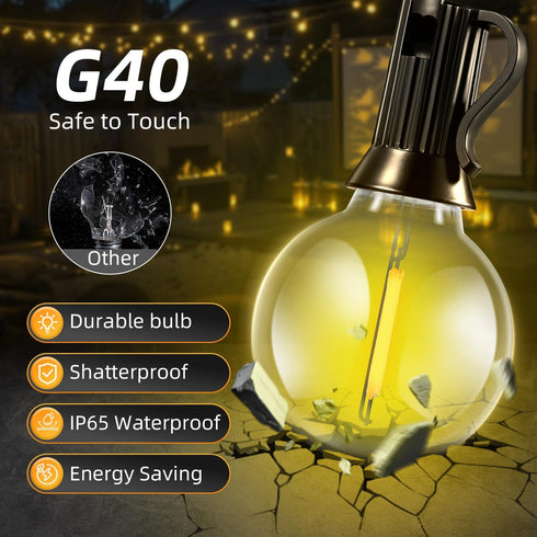 FUANXIEI 33FT G40 10M Bulbs 3 Dimmable Solar Lights Outdoor Waterproof: Shatterproof Patio Lights - Solar Powered