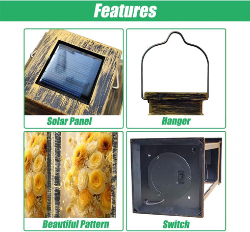 RAINFALLARING Solar Lantern Elegant Yellow White Rose Bouquet Sunflowers Glitter Accents Outdoor Waterproof Hanging