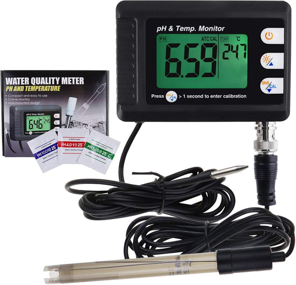2 in 1 Temperature pH Monitor Meter Tester, 0~14.0 pH Automatic Buffer Recognition for Hydroponics and Water Testing