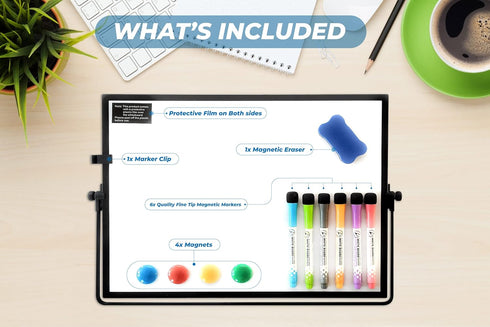 Desktop Dry Erase Board - 16in x12in Double Sided Stylish Black Frame Magnetic Desktop Whiteboard with Stand Comes with 6 Magnetic Markers, 4 Magnets, 1 Eraser, 1 Pen Clip by Casa Joytopia