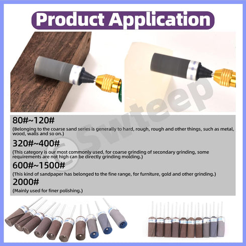 Swpeet 10 Pcs Sanding Drums Sleeves Kit, 180-2500 Grit Sandpaper Grinding Head for Woodworking Polishing Tool