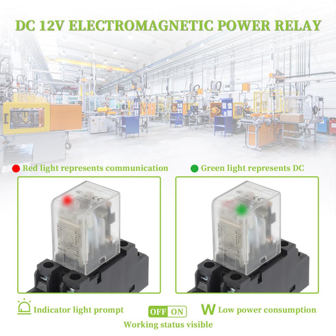 AC 12V Electromagnetic Power Relay HH52P JQX-13FL, 62PL Coil, 8 Pin 10A DPDT with LED Indicator and Terminal Socket