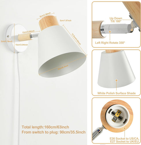 Hefoklu E26 White Plug in Wall Sconces with Switch for Bedroom, Modern Rotation Wall Lamps Up Down Mounted Fixture Wood