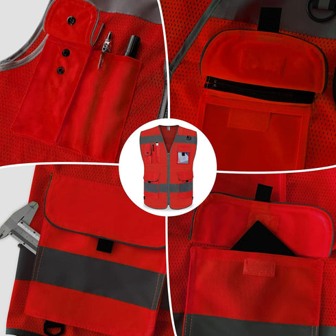 TCCFCCT Mesh Work Vest for Men Women High Visibility Safety Vest with 9 Pockets, Hi Vis Reflective (Red, 4X-Large)