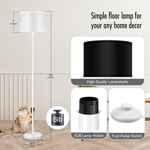 58" Bulb) Floor Lamp White, Standing Lamp, Tall Floor Lamp with Black Lampshade, Foot Pedal Switch, Modern Bright Floor