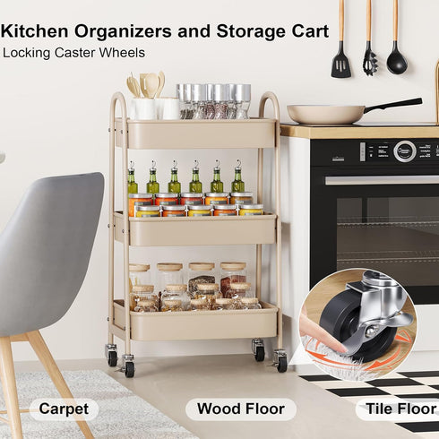 Osivaex 3 Beige Tier Rolling Cart Metal on Wheels, Three Tiered Storage Organizer Utility Trolley with Wheels for Art