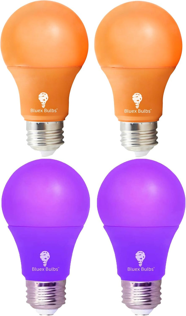 4 Pack LED Light Bulbs: A19 Purple & Orange 9W (60W Replacement) E26 Base for Home, Party, Halloween Lighting