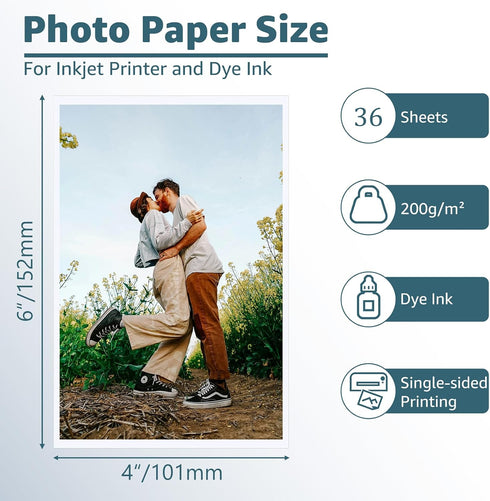 4x6 36 4 6 200 ZBEIVAN Photo Paper, Glossy Photo Papers Sheets, x Inkjet Printer Photo Paper for Dye Ink, GSM
