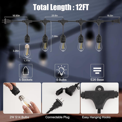 12Ft Commercial 11W S14 Bulbs Waterproof Outdoor String Lights - Grade Patio Lights Heavy Duty Light String Hanging