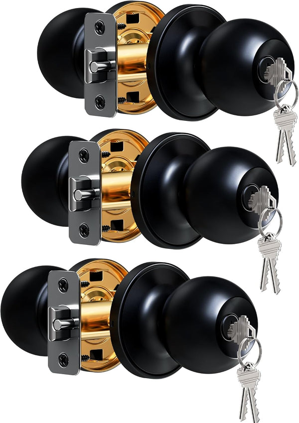 Veise Keys Alike Door Knob Set 3-Pack, Bedroom Door Lock with Keys,
