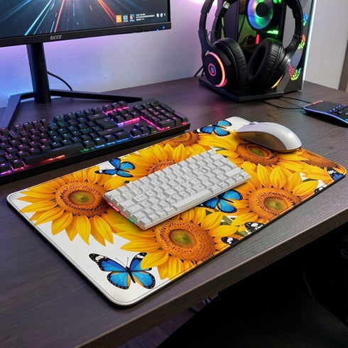 Generic 12x24 Inch, 1 Pack Sunflower & Blue Butterfly Mouse Pad Desk Mat Large Floral Gaming Mouse Pad, Extended