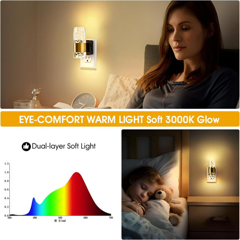 UnbamGlow (2-Pack), Dimmable 3000K 3-Prong Manual Off Slider Night Lights Luxury Gold Aluminum Bubble Acrylic, Warm