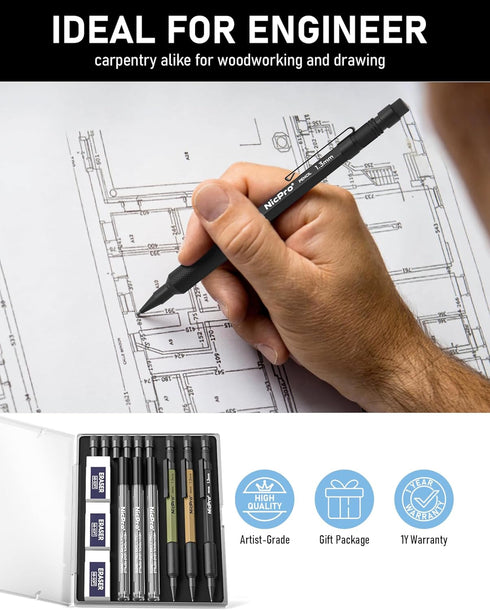 Nicpro 3 PCS 1.3 mm Mechanical Pencil Set, 3 Colors with 36 Lead Refill, Heavy Duty Carpenter Pencil