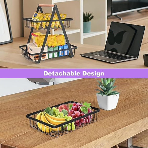 PAUANI 2/3 Haves(White,2 Tier Bread Vegetable Basket, Detachable Mesh Fruit Rack with Wooden Handle, Kitchens Bakery