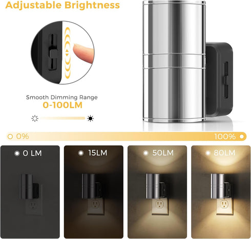 3000K, Dimmable Bedroom,2 Pack L LOHAS LED Night Light, Night Lights Plug into Wall, Smooth Silver Glossy Plating