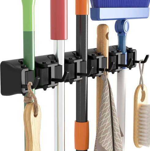 Lifewit Mop and Broom Holder Wall Mount, Heavy Duty Cleaning Supplies Organizer, 5 Slot 6 Hooks, Easy Install