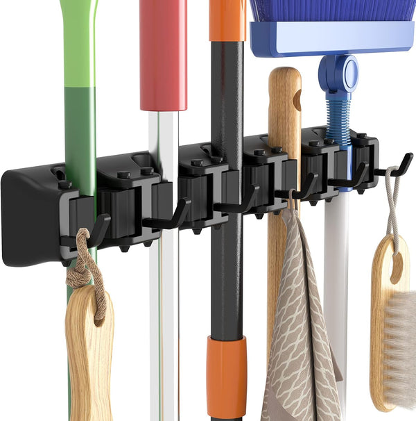 Lifewit Mop and Broom Holder Wall Mount, Heavy Duty Cleaning Supplies Organizer, 5 Slot 6 Hooks, Easy Install
