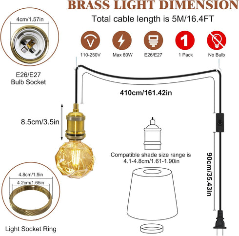 Puanticn 16.4 E26 E27 Bulb Bulb Ft Retro Hanging Lamp with Plug in Cord, Black Thicken Round Pendant Light Cord