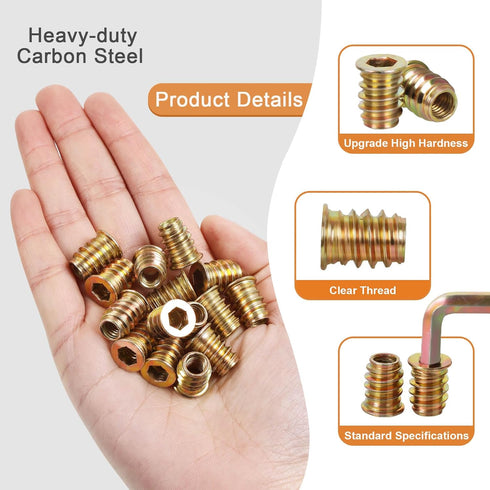 M8-1.25 x 15mm Threaded Insert for Wood Furniture, Zinc Plated Carbon Steel, 50 PCS with Hex Spanner