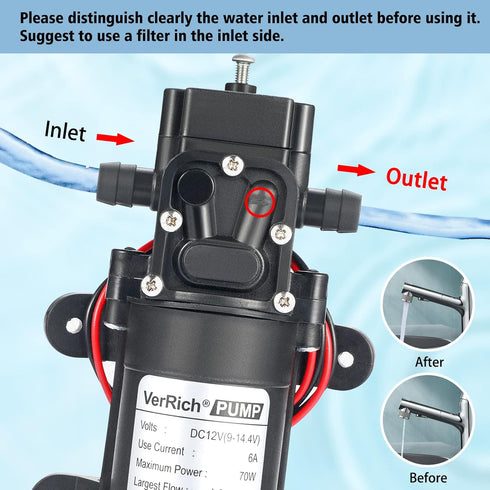 VerRich 12V Diaphragm Pump, 70W 6A Self Priming Sprayer Pump, 6 L/Min 0.9MPA 131 PSI for RV, Camper, Marine, Garden